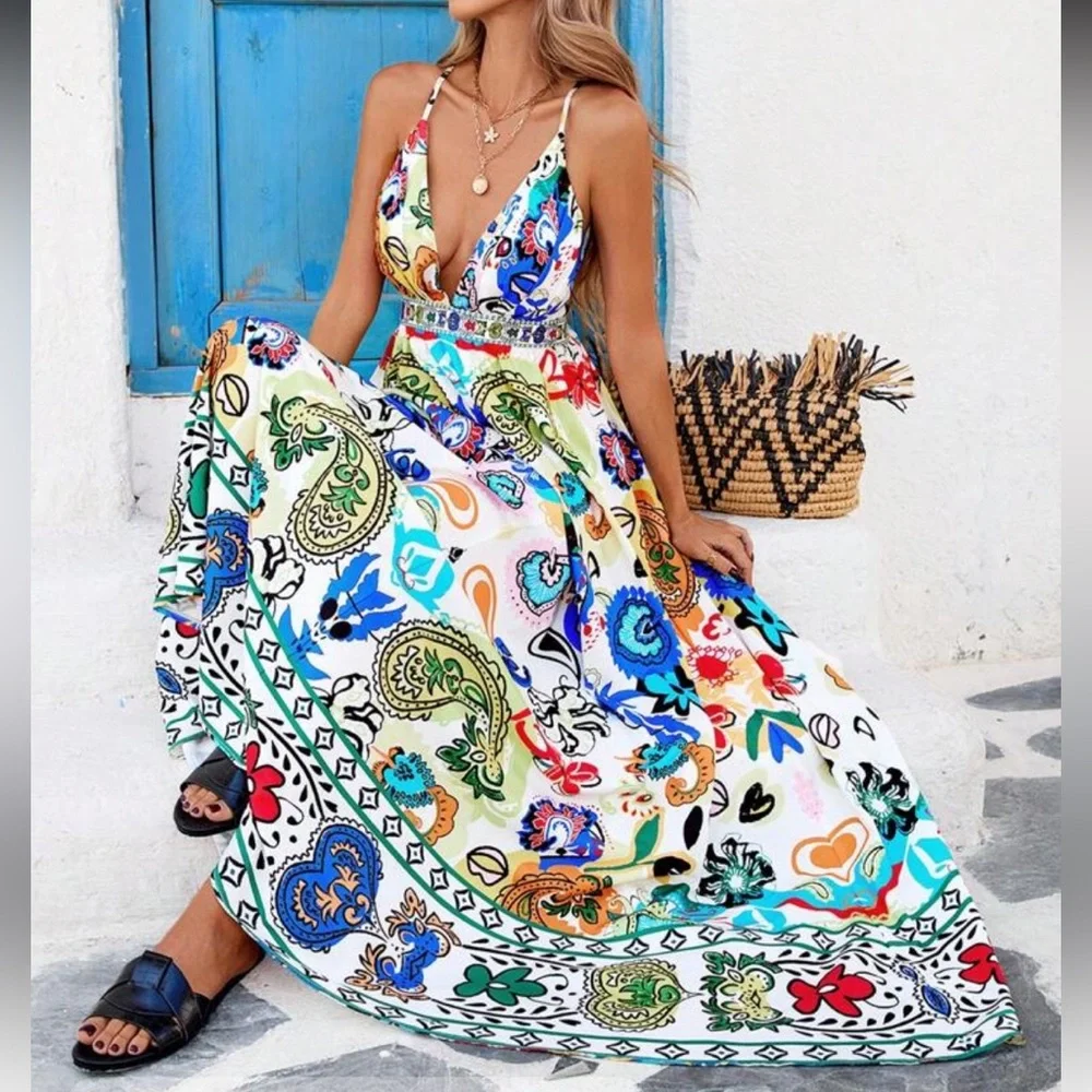 Boho Floral Print Crisscross Back Multicolor Bohemian Maxi Dress - Picture 4 of 5